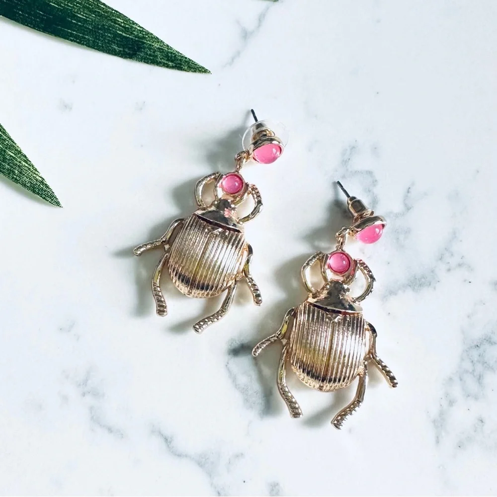 2/$30🌵 Egyptian Scarab Beetle Earrings Insect Gold Pink Art Nouveau Bug NEW
